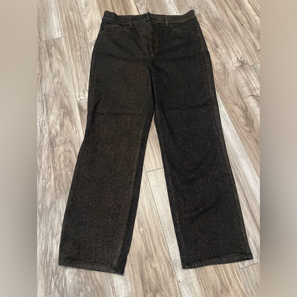 Express Black & Gold Shimmer Straight Leg & High Rise Cropped Pants (8)